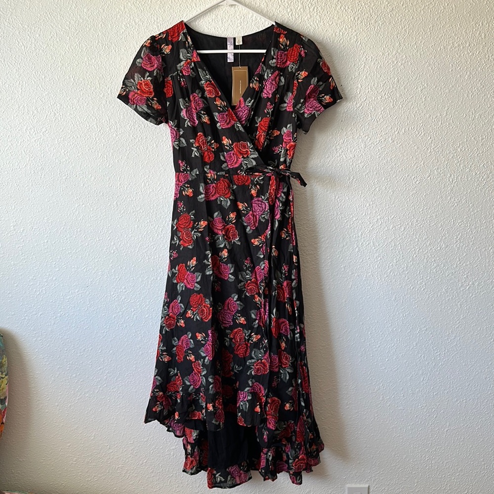 Black floral wrap dress